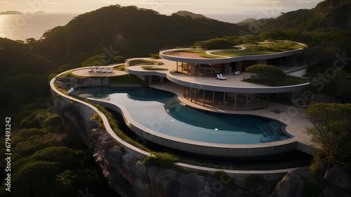 An aerial shot of a symmetric outdoor house built with a swimming pool and outdoor living room on top of a cliff in Brazil