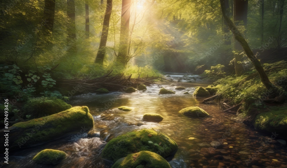 River in the forest with green mossy rocks and sunbeams