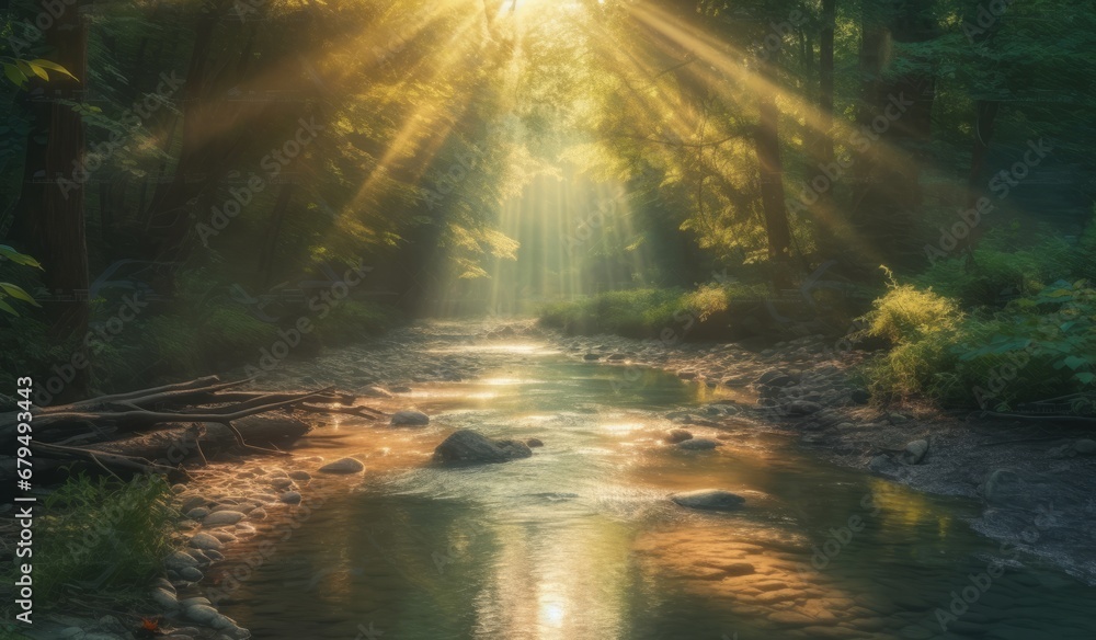 Beautiful sunset over a stream in the forest with sunbeams Beautiful sunset over a stream in the forest with sunbeams