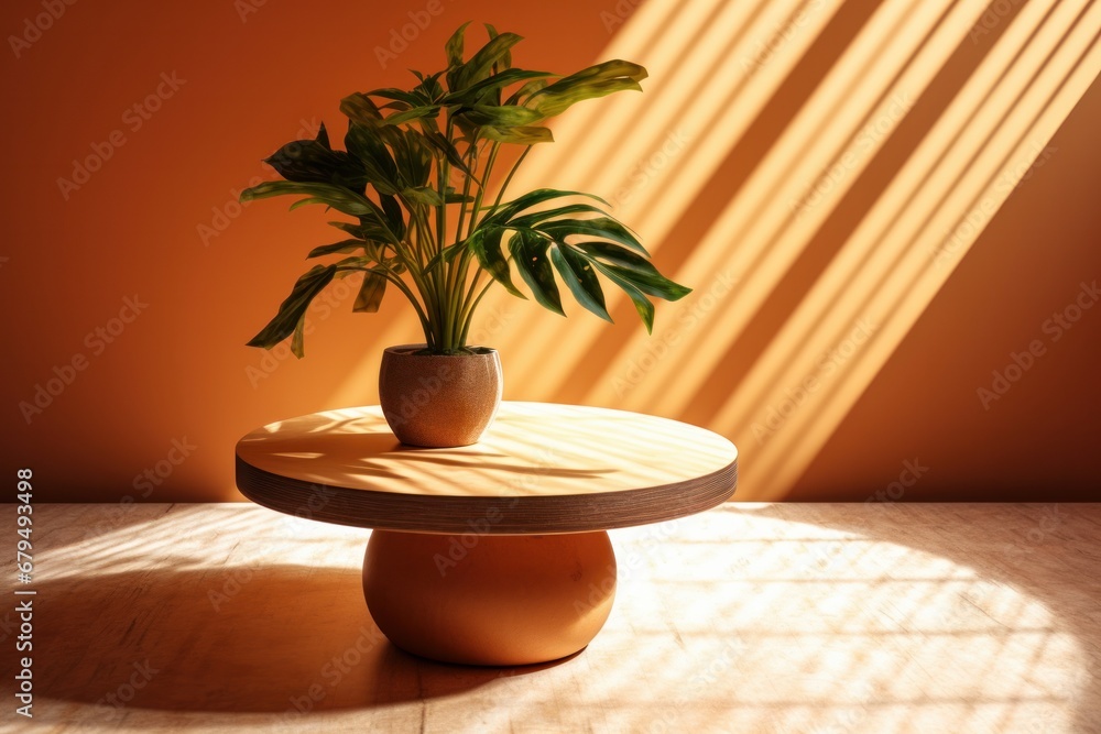 Potted houseplant on wooden table near orange wall with sun rays Potted houseplant on wooden table near orange wall with sun rays