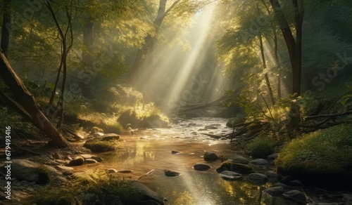 Beautiful river in the forest with sunbeams and rays of light
