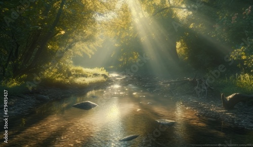 Sunlight through the trees in a small river in the forest.