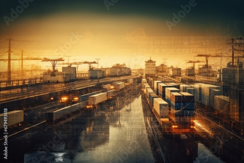 Cargo freight ship with containers at sunset, freight transportation and logistics concept