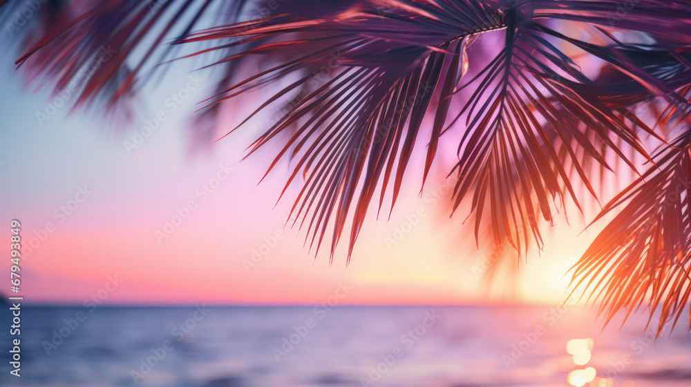 Palm leaves on tropical sunset beach background. Summer and travel concept. Generative ai.