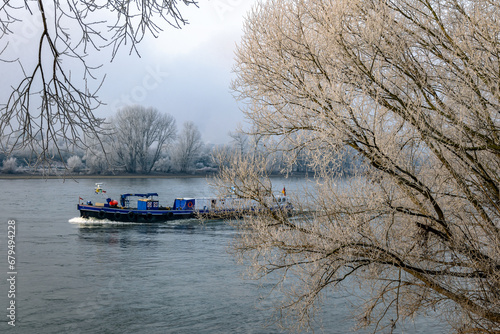 A river barge going up the river Rhine in wintertime, with hoar frost on trees in foreground foggy background