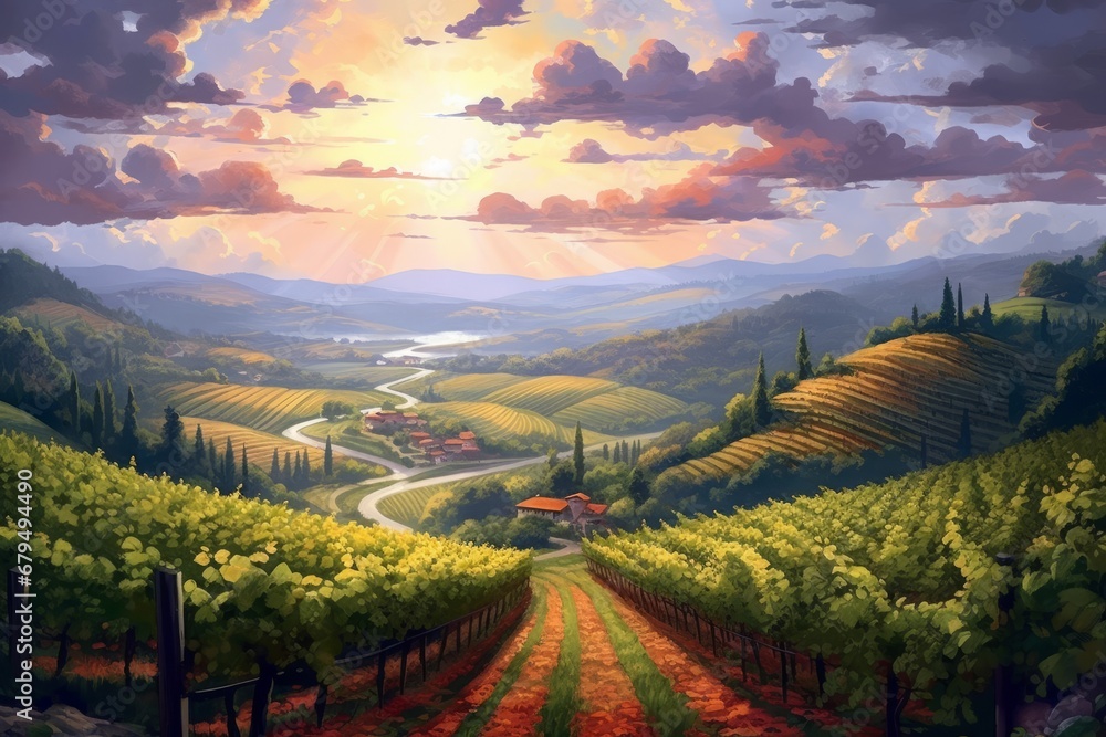 Naklejka premium Tuscany landscape with vineyards at sunset Digital painting. Colorful landscape.