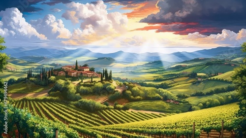 Tuscany landscape with vineyards at sunset Digital painting. Colorful landscape.
