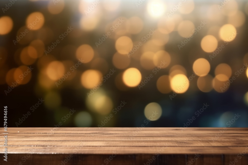 Wooden table in front of abstract blurred bokeh light background Wooden table in front of abstract blurred bokeh light background