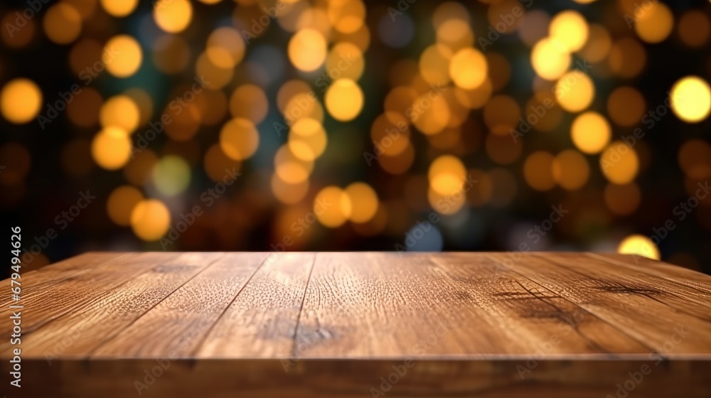 Wooden table in front of abstract blurred christmas lights background. Wooden table in front of abstract blurred christmas lights background.