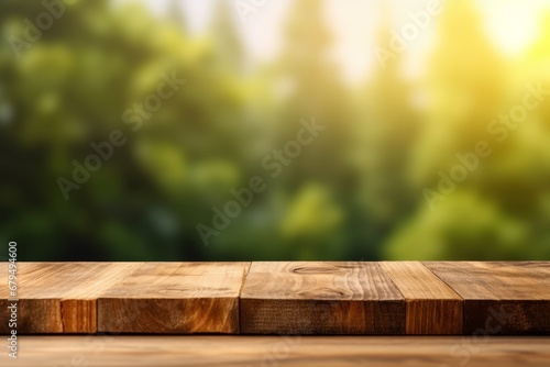 Wooden table top on blur green nature background with bokeh, product display montage