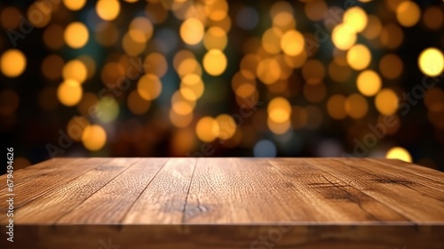 Wooden table in front of abstract blurred christmas lights background.