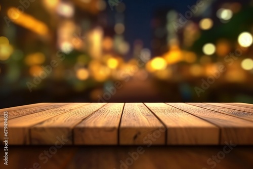 Empty wooden table and blurred cityscape background, product display montage