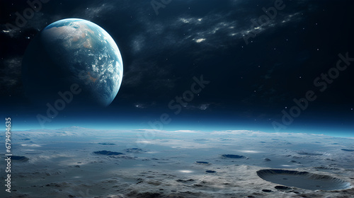 Moon landing  sci-fi  photorealistic  no atmosphere  earth in the sky.