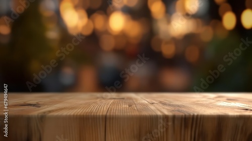 Empty wooden table and blurred background of bar or pub. For product display