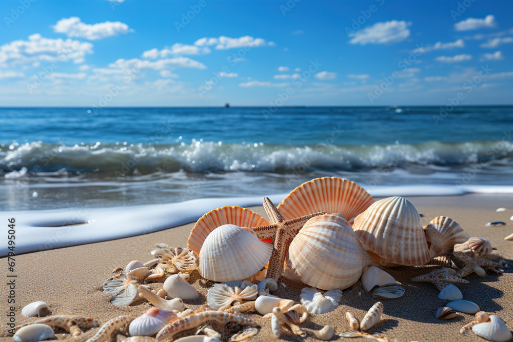 Starfish and seashells on the beach. Generative Ai Starfish and seashells on the beach. Generative Ai