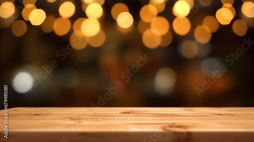 Wooden table in front of abstract bokeh lights background.