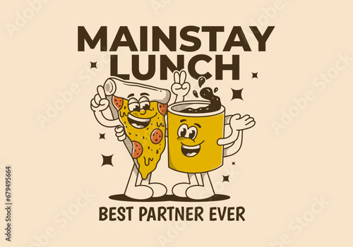 Mainstay lunch, best partner ever. Mascot character of a coffee mug and a slice pizza