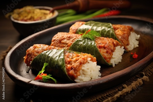Arem-arem, a traditional Indonesian food made from rice filled with vegetables, chicken in banana leaves. Generative AI