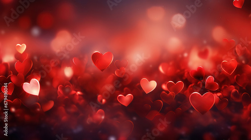 Bright red hearts abstract bokeh background, Bright color. generative ai