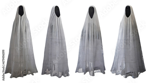 set of various white realistic ghosts, png, isolated on a transparent background . cutout or clipping path. 