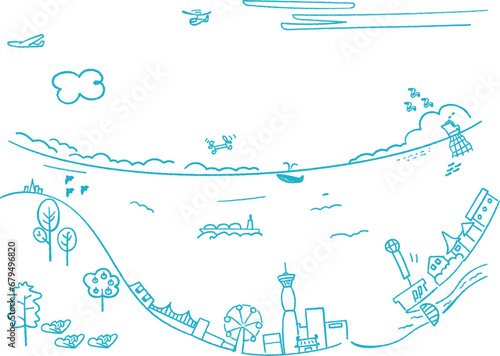 青い海と青い空の港町のイメージ　イラスト素材	
