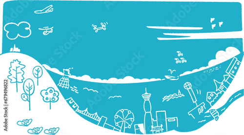 青い海と青い空の港町のイメージ　イラスト素材	
