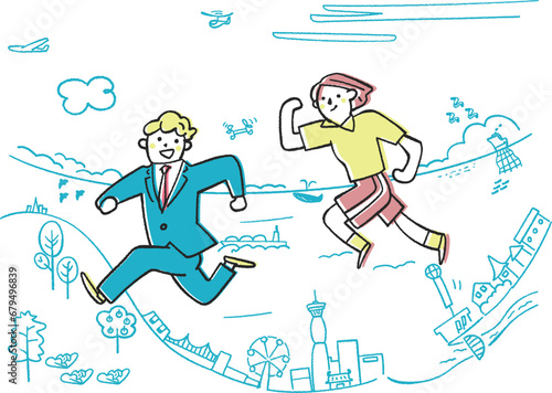港町を駆け抜ける制服姿の学生とスポーツマン　イラスト素材
