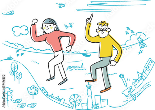 港町を散策する大学生　キャンパスライフ　イラスト素材
