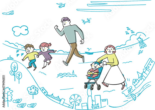 港町を散策する若い子供連れの家族　イラスト素材
