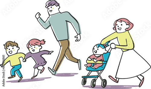 散策する若い子供連れの家族　イラスト素材
