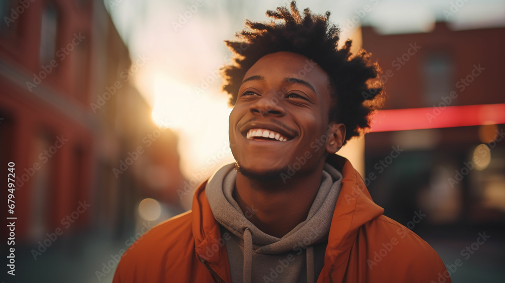 Fototapeta premium Close up portrait photo of young stylish happy African American cool hipster guy face laughing on red city wall lit with sunlight. Smiling cheerful model standing outdoors. Made with generative ai