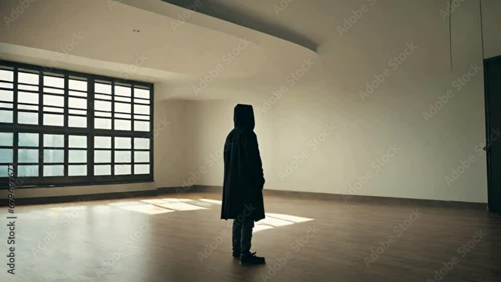 Silhouette Man Wearing A Hood In An Empty Room Silhouette Man Wearing A Hood In An Empty Room