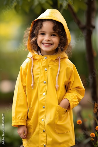 little girl wearing a yellow raincoat - outdoor photo