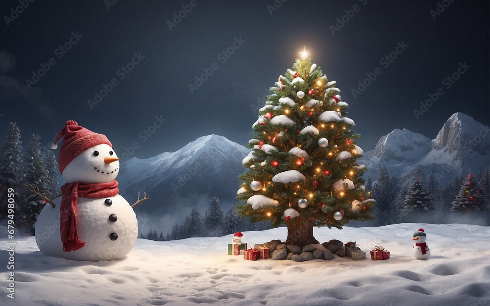 Obraz premium snowman on the snow with Christmas tree
