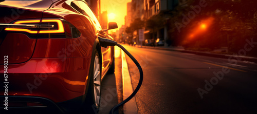 A car with a charger and cables being fueled during sunset, showcasing texture-rich surfaces, dark yellow, and light red tones, with a street-savvy vibe.