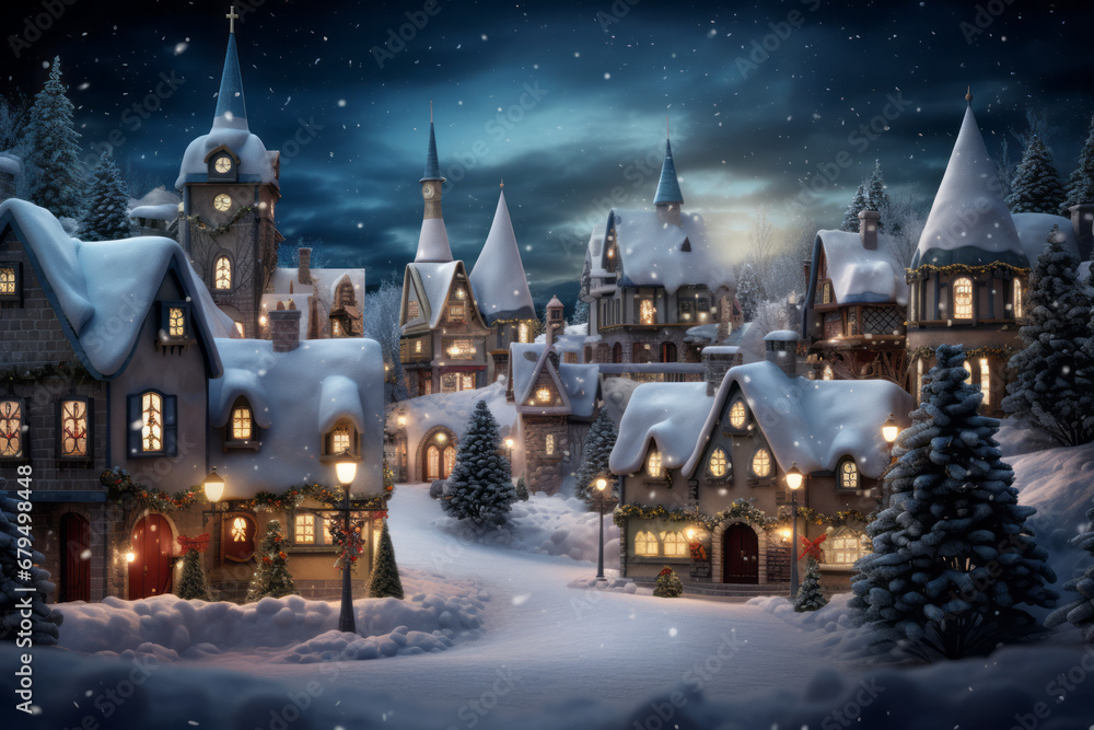 Another view of a snowy Christmas village with lights, vignetting, dark sky-blue, and light bronze hues, creating a cute and dreamy festive scene.