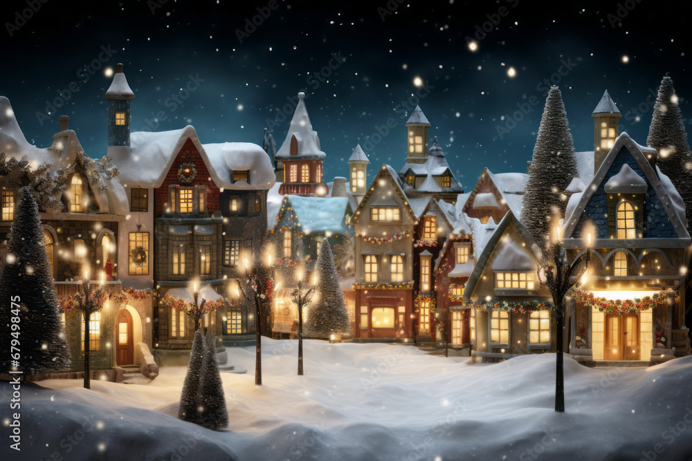 A charming Christmas village covered in snow and lights, featuring vignetting, dark sky-blue, and light bronze hues, creating a cute and dreamy atmosphere. A charming Christmas village covered in snow and lights, featuring vignetting, dark sky-blue, and light bronze hues, creating a cute and dreamy atmosphere.