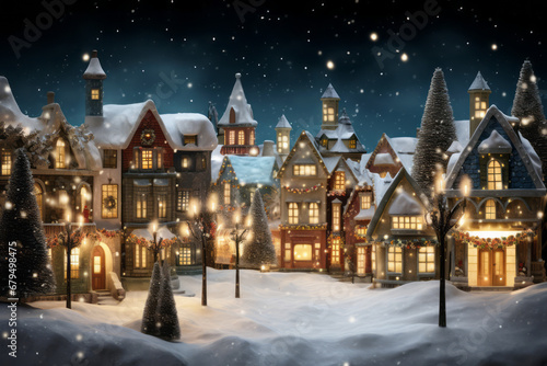 A charming Christmas village covered in snow and lights, featuring vignetting, dark sky-blue, and light bronze hues, creating a cute and dreamy atmosphere.