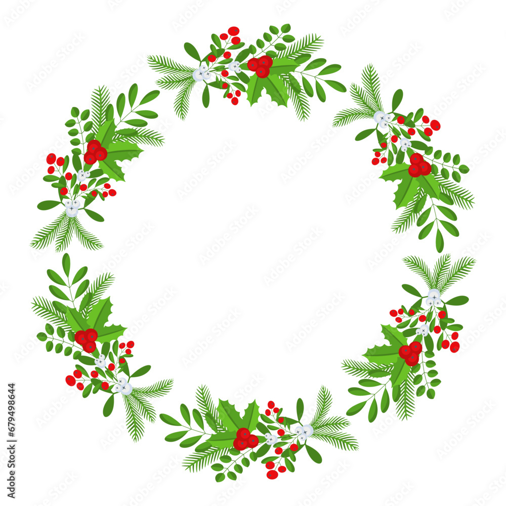 Fototapeta premium Christmas round floral wreath frame. Winter holiday decoration