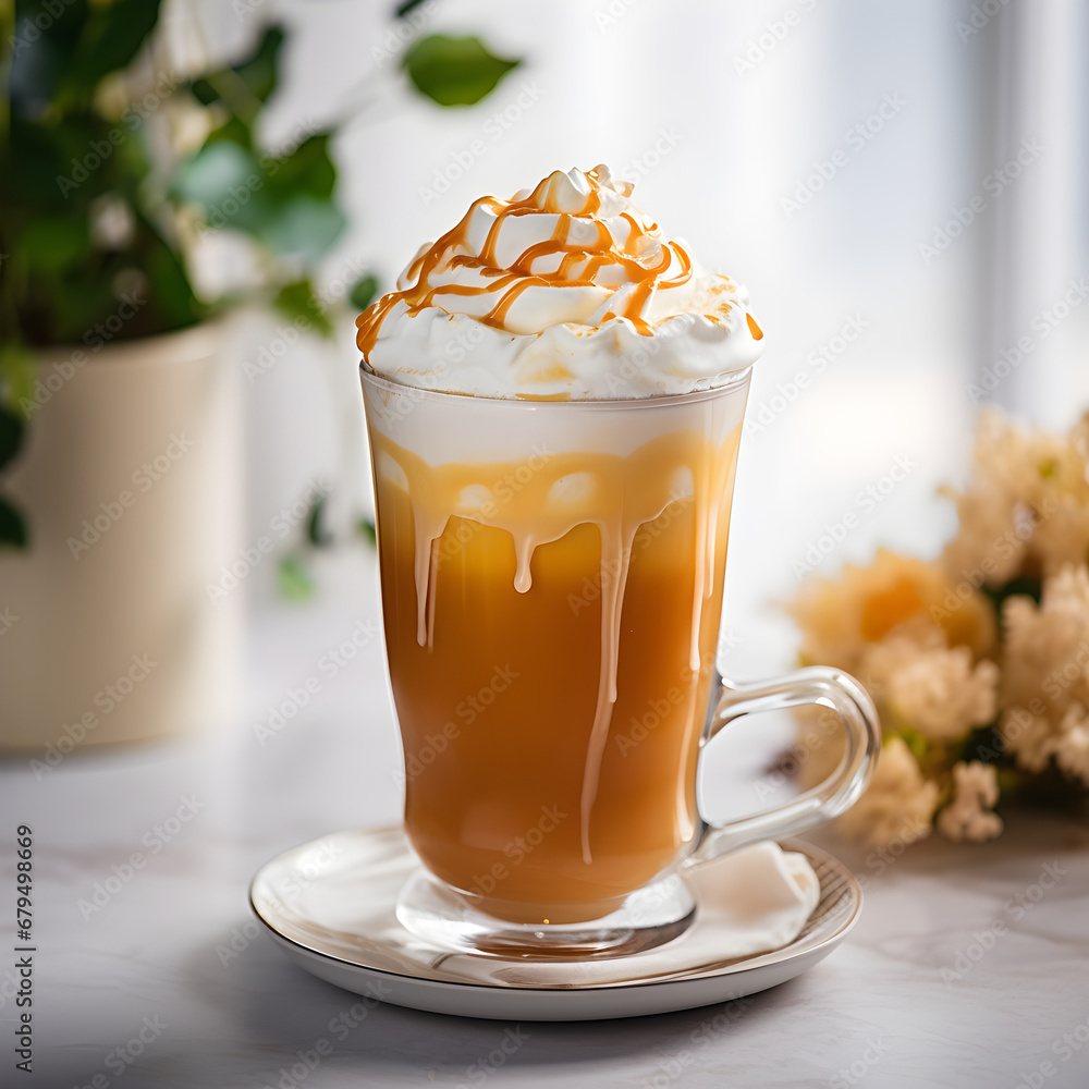 A latte with salted caramel and whipped cream A latte with salted caramel and whipped cream