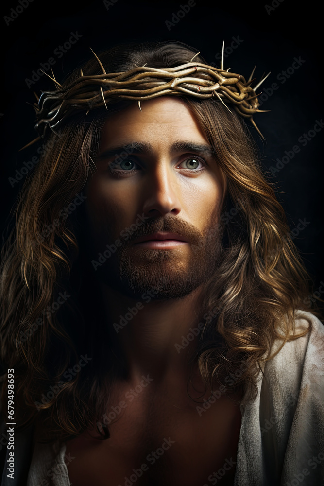 Jesus with a crown of thorns, featuring photorealistic portraiture with layered and colorful elements.