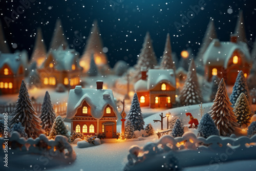 In the snow Christmas village and snowflakes at night stock image, featuring vignetting, dark orange, and blue hues, creating a festive and atmospheric scene.