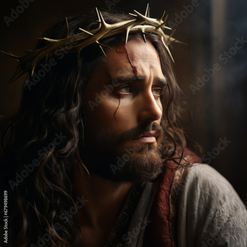 Jesus with a crown of thorns, depicted in the style of photorealistic portraiture with layered and colorful elements.