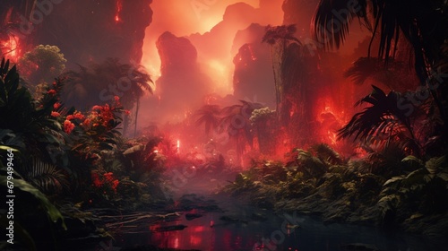 a digital wildfire spreading through a synthetic tropical rainforest