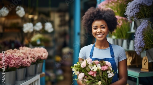 Smiling flowers shop entrepreneur looking at camera holding decoration of beautiful floral blossom bouquet from customer order  small business freelance owner happy working in summer day  retail sale