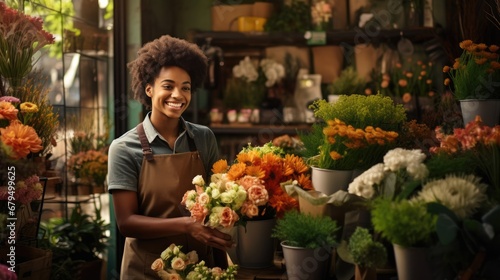 Young attractive African American male smiling looking at camera in his flowers shop, small business entrepreneur man happy open floral flowers services, florist owner wearing apron good services mind © Rakchanika