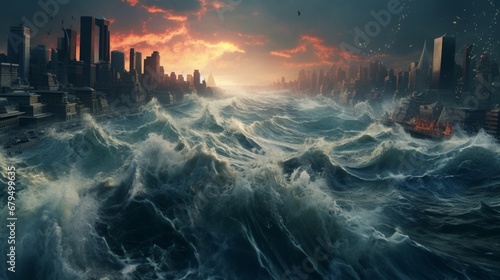 a fictional cityscape being submerged by a digital tsunami photo