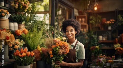 Young attractive African American male smiling looking at camera in his flowers shop, small business entrepreneur man happy open floral flowers services, florist owner wearing apron good services mind photo