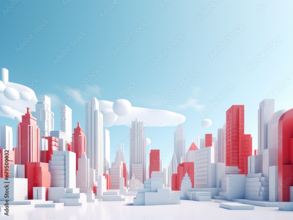 city. Model. White and red color. 3D style imitation.