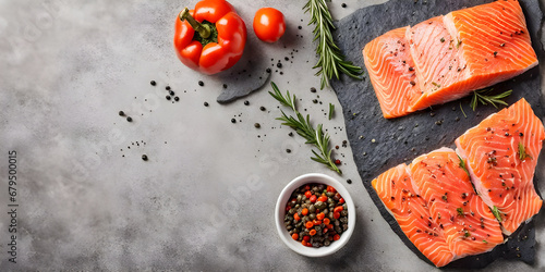 Fresh salmon pieces, pepper, rosemary leaves on stone plate on dark background.